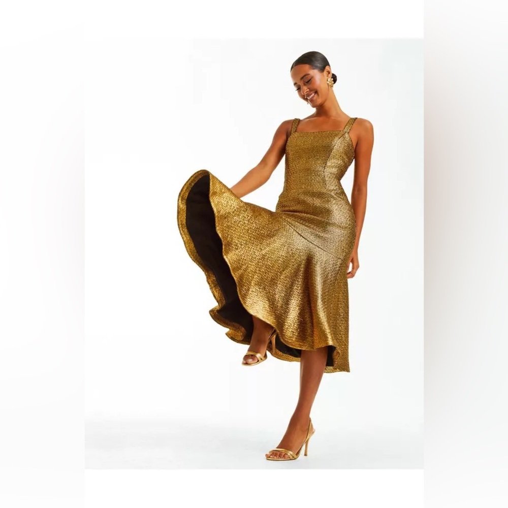 Mestiza Jody Tweed Midi Dress Metallic Gold NWT - Picture 3 of 7